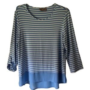 Chicos Womens Sz 3 XL Blue White Striped Tunic Top Blouse 3/4 Sleeves Roll Tab